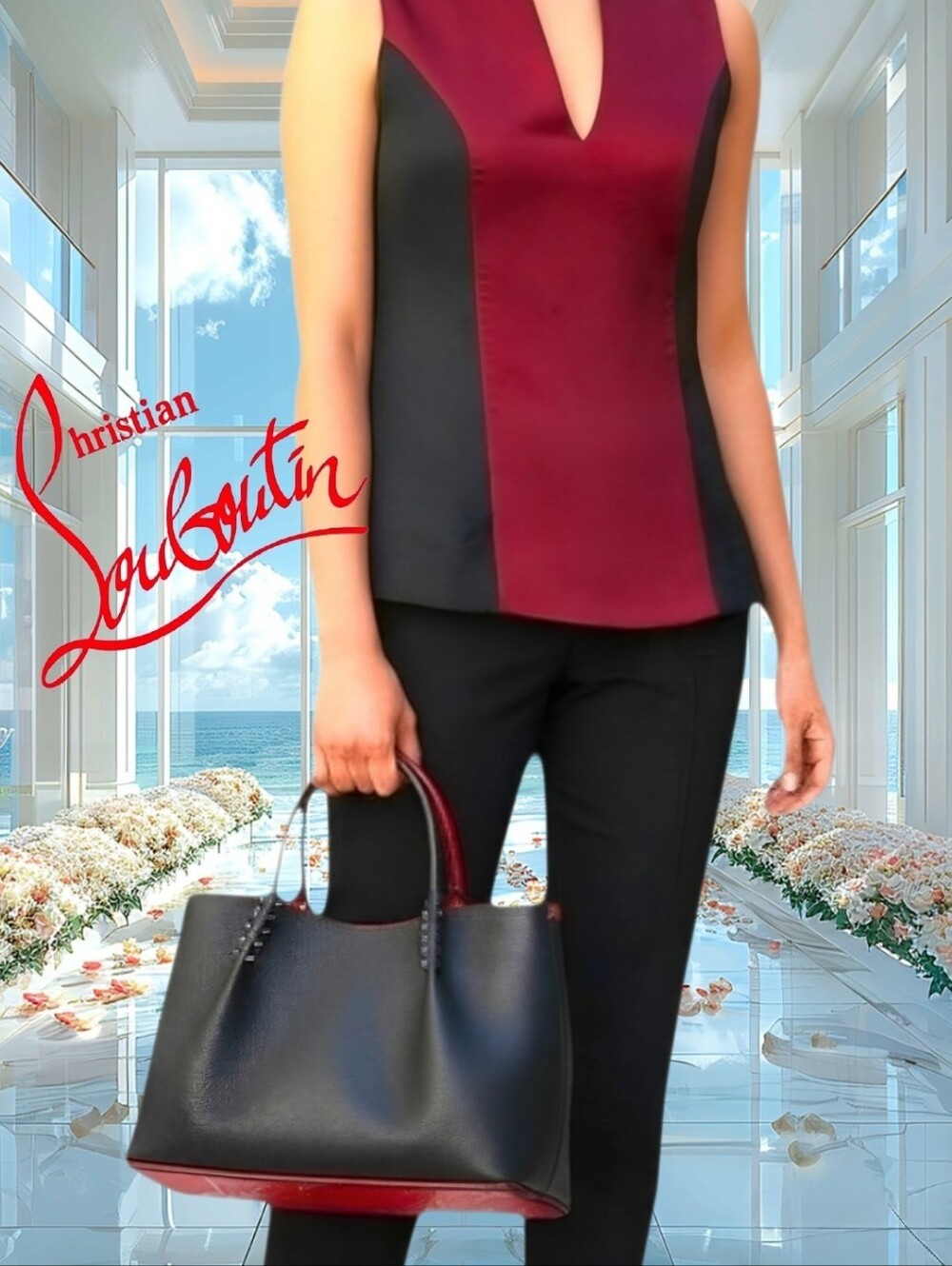 CHRISTIAN LOUBOUTIN CARBAROCK Lea Spiked Lipstick Red💋 & Blk 14x10 Tote NWT